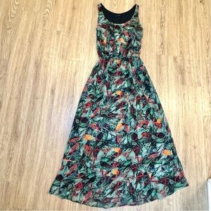 Cantão Bird Print Maxi Dress | Sleeveless Abstract Nature Dress | Size M